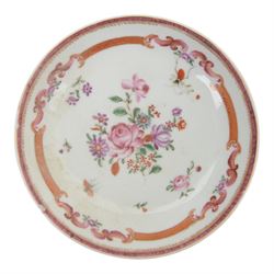 Amsterdam bont teapot, decorated with a basket of flowers, together with two Amsterdam bont saucers of similar design and five other saucers  