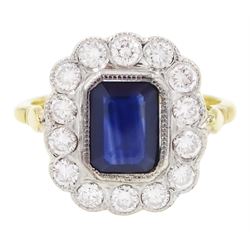 18ct gold sapphire and diamond ring, single emerald cut sapphire of approx 1.20 carat, sur...