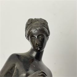 Bronze neo classical figure, modelled as a nude female, upon a green marble base, H20.5cm