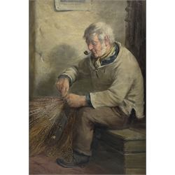 David W Haddon (British fl.1884-1914): Mending Nets, oil on canvas signed 68cm x 47cm