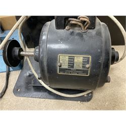 Six shelved cabinets for displaying ‘00’ gauge locomotives comprising plain plywood and white painted examples with track applied to various shelves, largest H63cm, W107cm, D27cm; Collection of tools for building model locomotives to include Weller PU-2D Soldering Pencil and Standard Tip Soldering Iron 20W/230V, Humbrol Modellers Airbrush, Power Supply Units and two wooden chests one of which housing a collection of tools including tweezers, scalping tools, wrenches etc 