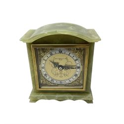 Elliot - English 20th century timepiece mantle clock in a green Onyx case, brass dial with spandrels, pierced steel hands, engraved centre and silvered chapter ring, retailed by Owen  & Robinson Leeds, integral key, wound and set from the rear.