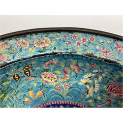 18th/19th century Chinese Canton enamel basin, the circular basin with flat everted rim, decorated with scrolling foliate and fruit decoration on a blue ground, D43cm