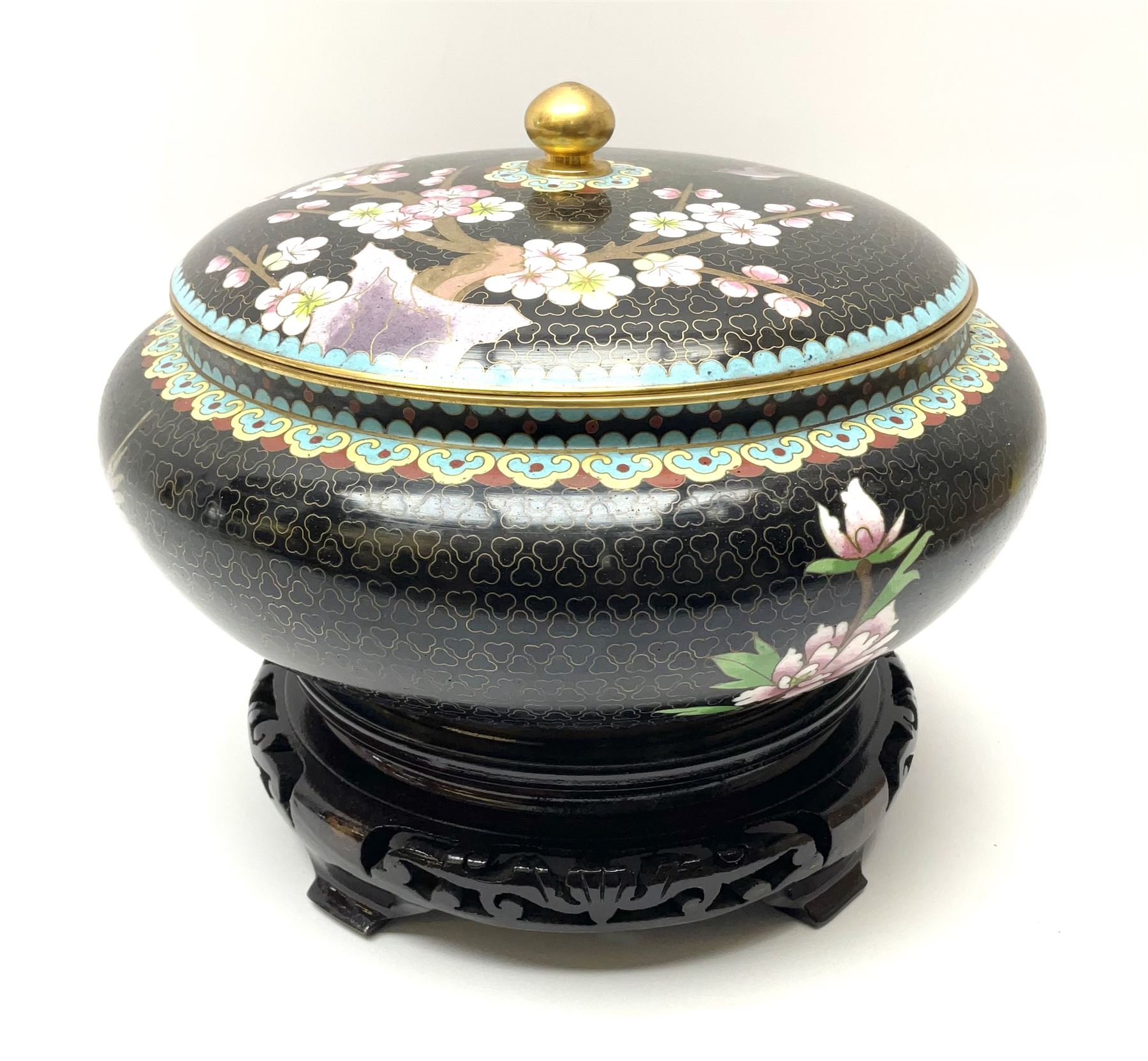 A Japanese cloisonne jar and cover, of squat form decorated with prunus blossom and birds in flight upon a black ground, with pierced wooden stand, jar D24cm.