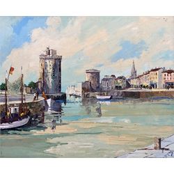 George Muris (British c.1914-1988): Continental Harbour Scene, impasto oil on board signed, titled verso 49cm x 59cm 