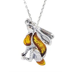 Silver Baltic amber moongazing hare pendant necklace 