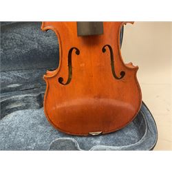 Late 19th/early 20th century French Mirecourt violin for completion with 36cm two-piece maple back and ribs and spruce top, bears label 'Medio Fino', L59cm, in carrying case