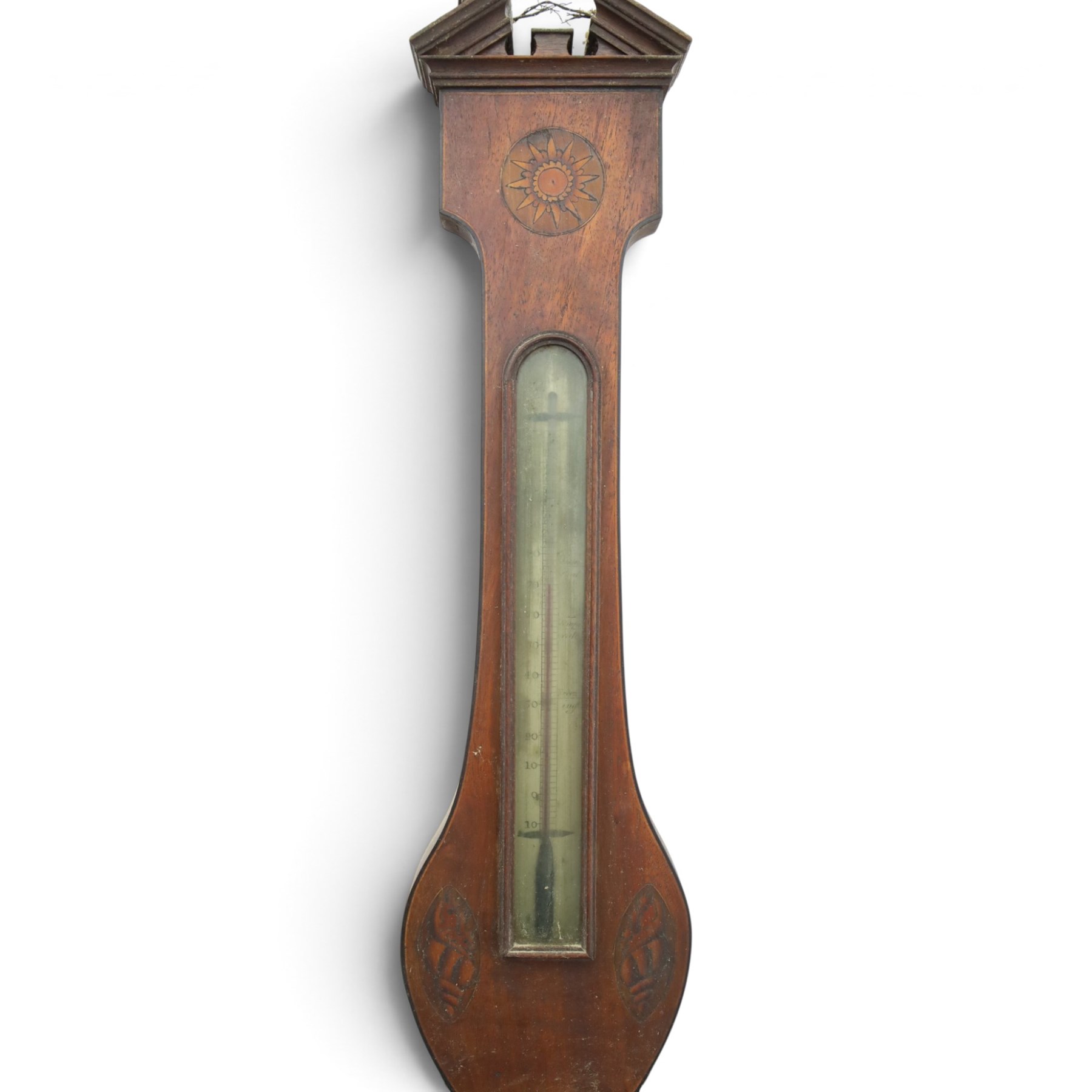Three mahogany wheel barometers, each with silvered dial, thermometer and hygrometer, two with inlaid decoration, one with architectural pediment and one with swan-neck pediment 