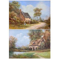 Richard Rhead Simm (British 1926-2019): Cottage Scene with Figure, pair oils on board signed 12cm x 16cm (2) 
Notes: Simm was an artist for Royal Doulton 