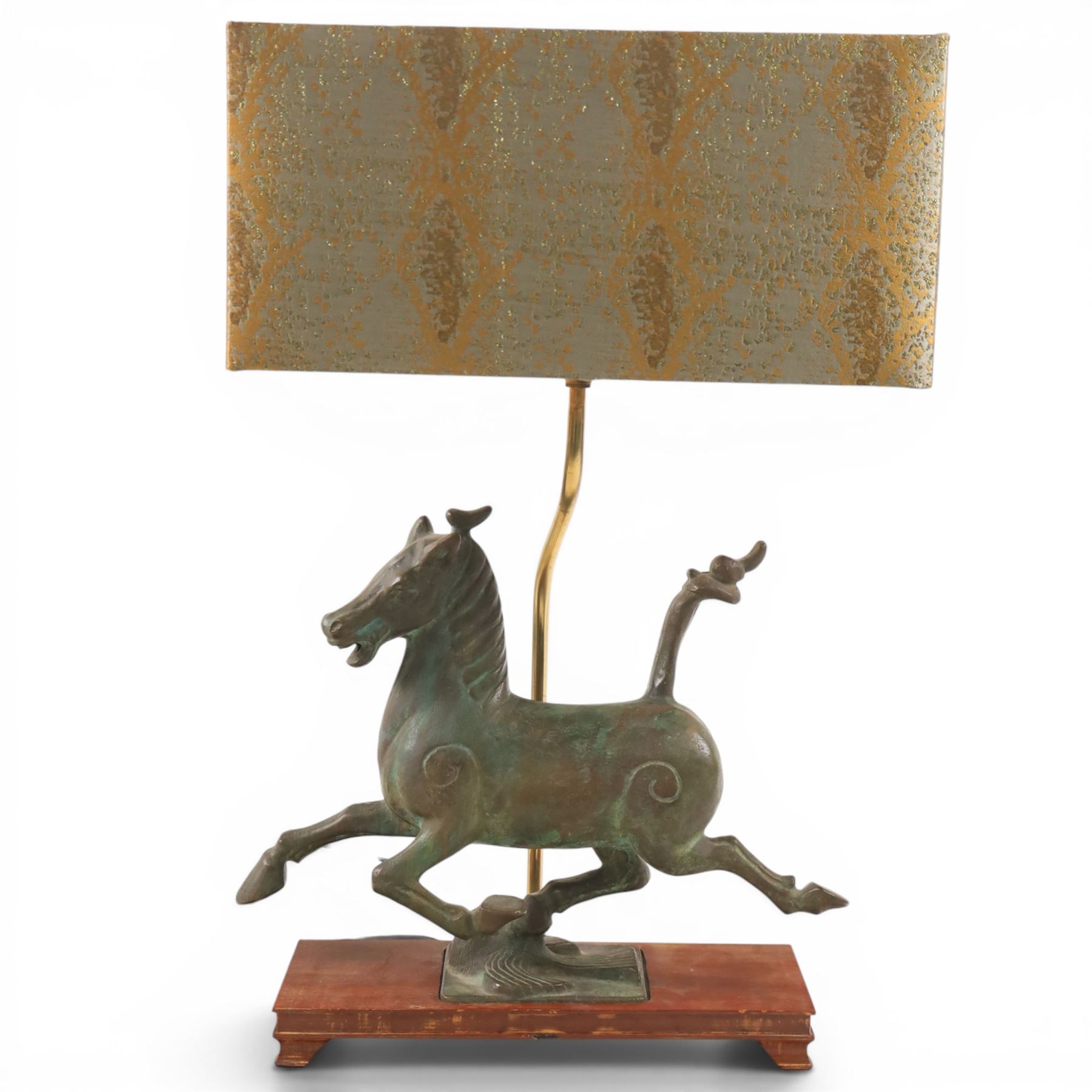 Table lamp, with bronze Tang horse upon the wooden base, H56cm with shade 