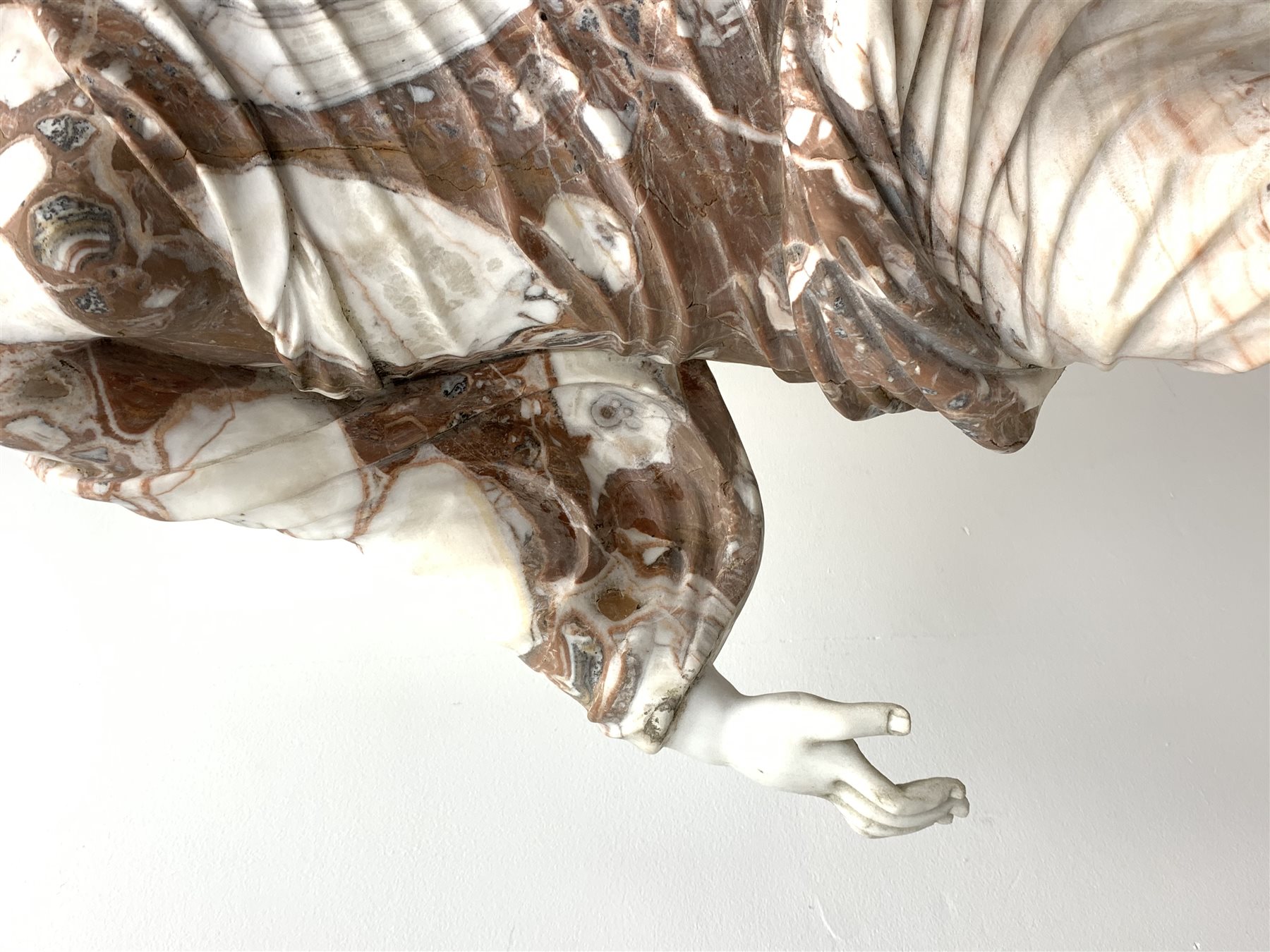 Victorian style rouge and white marble classical statue of woman dancing, on circular stepped moulded plinth base, H185cm