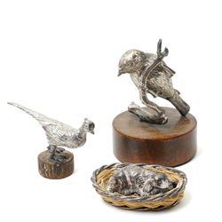Silver model of a bird perched on a branch and with wooden base by Goldsmiths and Silversm...