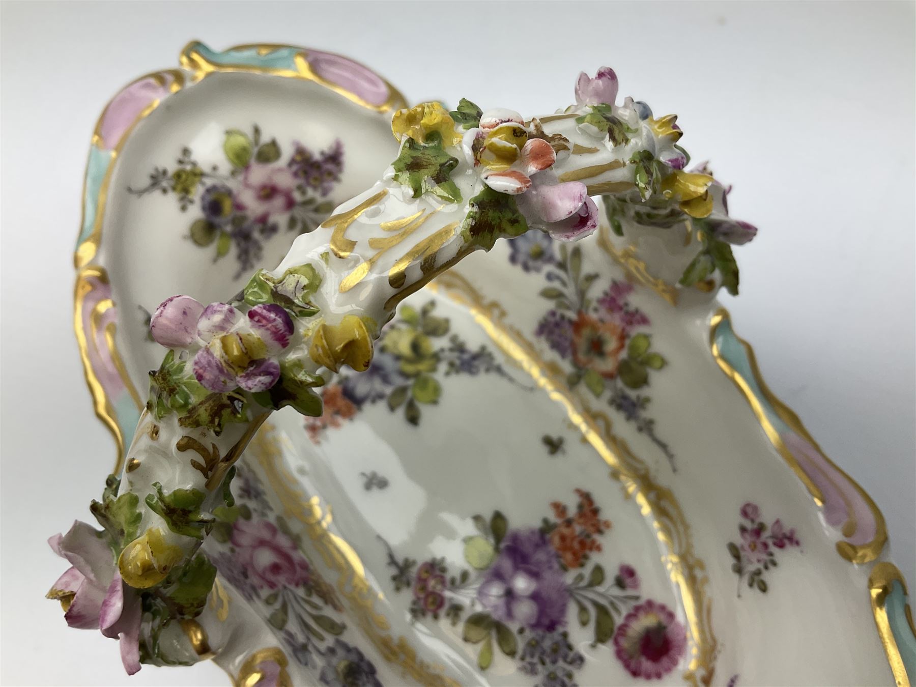 Dresden floral basket, hand painted with floral decoration and gilt scrolls, H12cm, L20cm. 