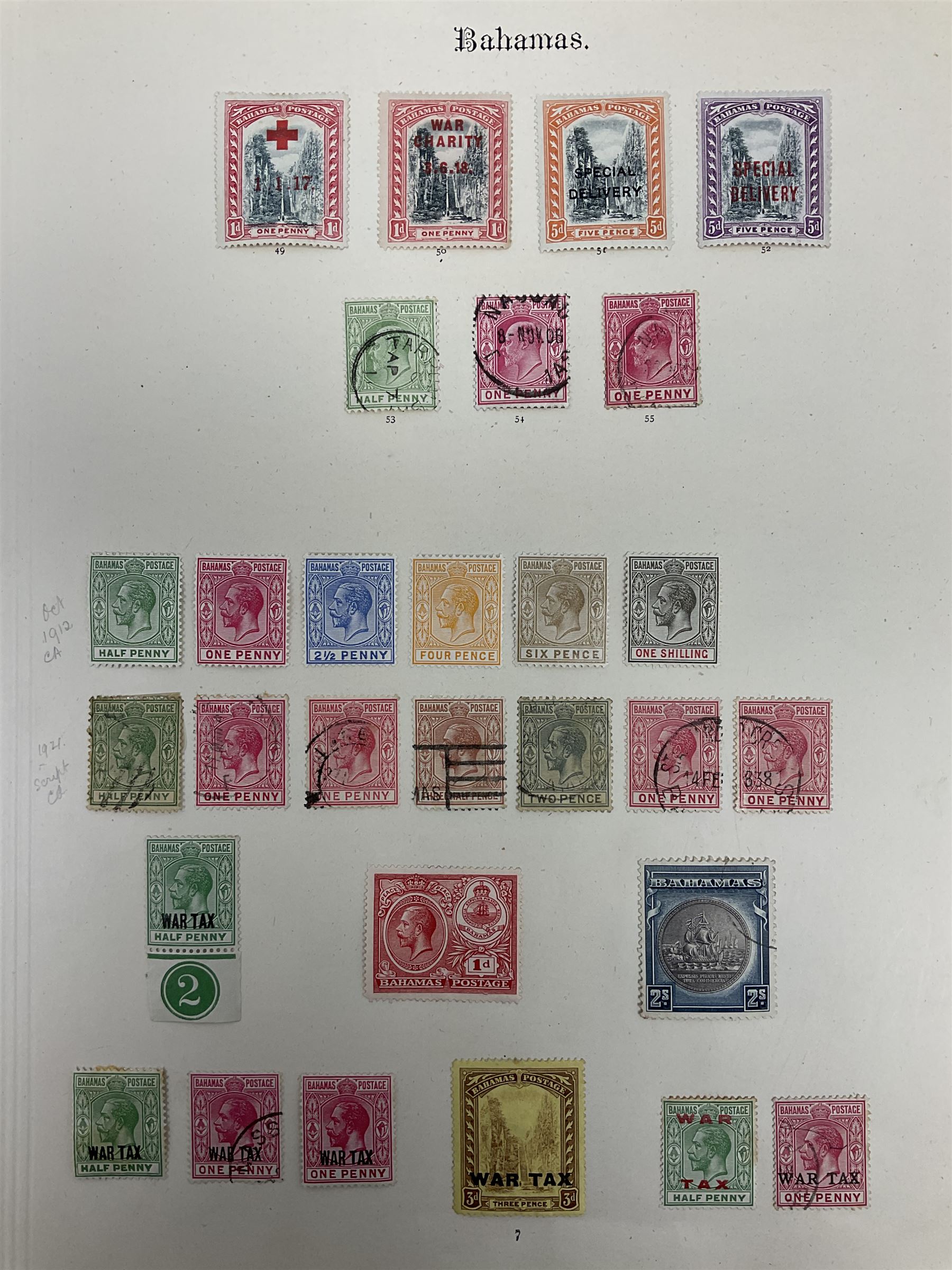 Antigua Queen Victoria and later stamps, including War stamp overprints etc and Bahamas Queen Victoria and later stamps, including Crown Colony, War Charity and other overprints etc, housed on pages