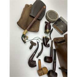 Vintage pipes and smoking related items including 'Falcon' and 'Dr Grabow' pipes, small wooden pipe rack/box and other related items