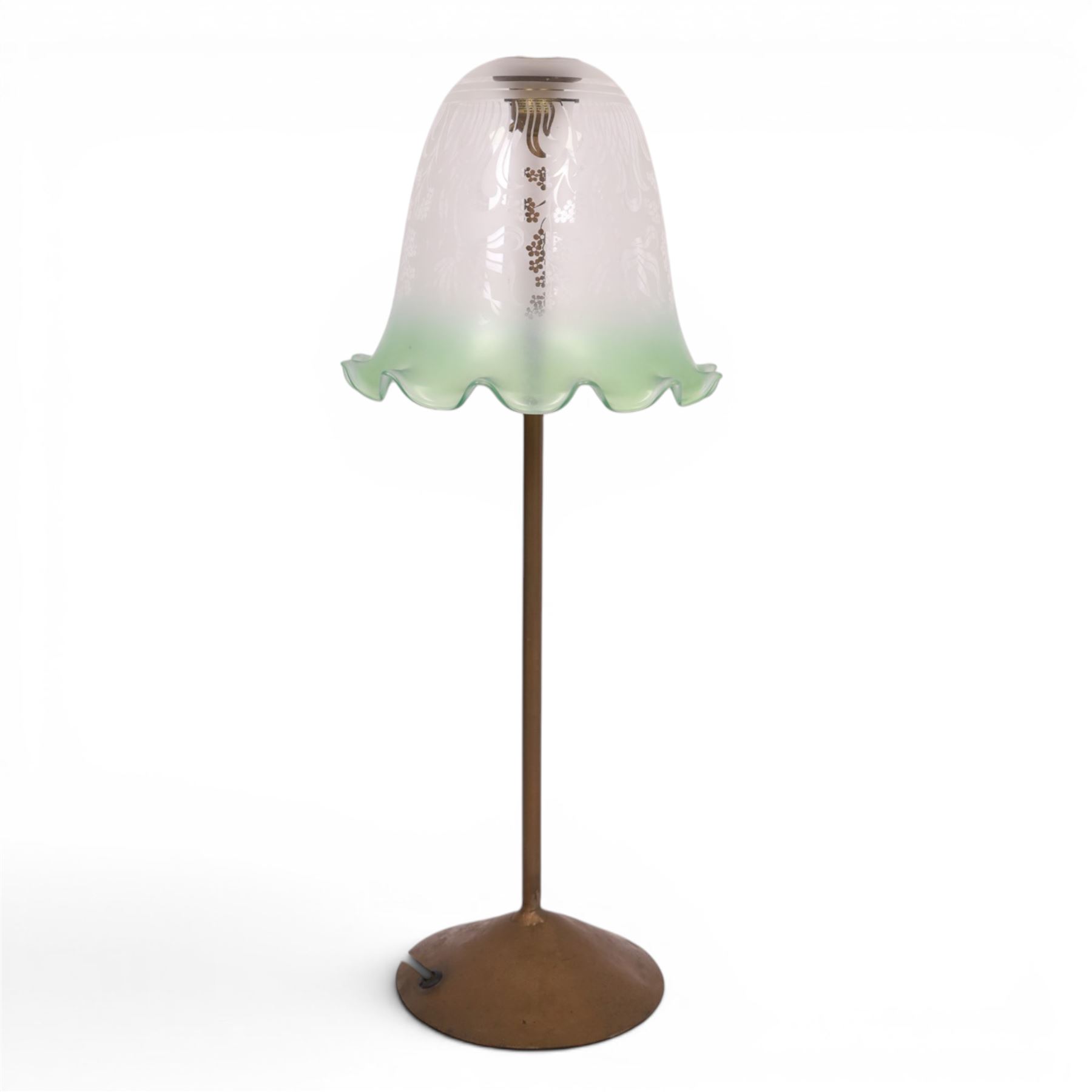 Early 20th century brass table uplight lamp with etched glass shade with fluted rim, H76cm