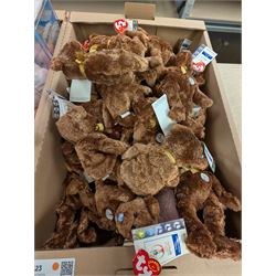 Large collection of TY Beanie Babies, including Princess the Bear, set of thirty two 2002 Fifa World cup bears, etc, mostly with tags in tag protectors, in seven boxes
