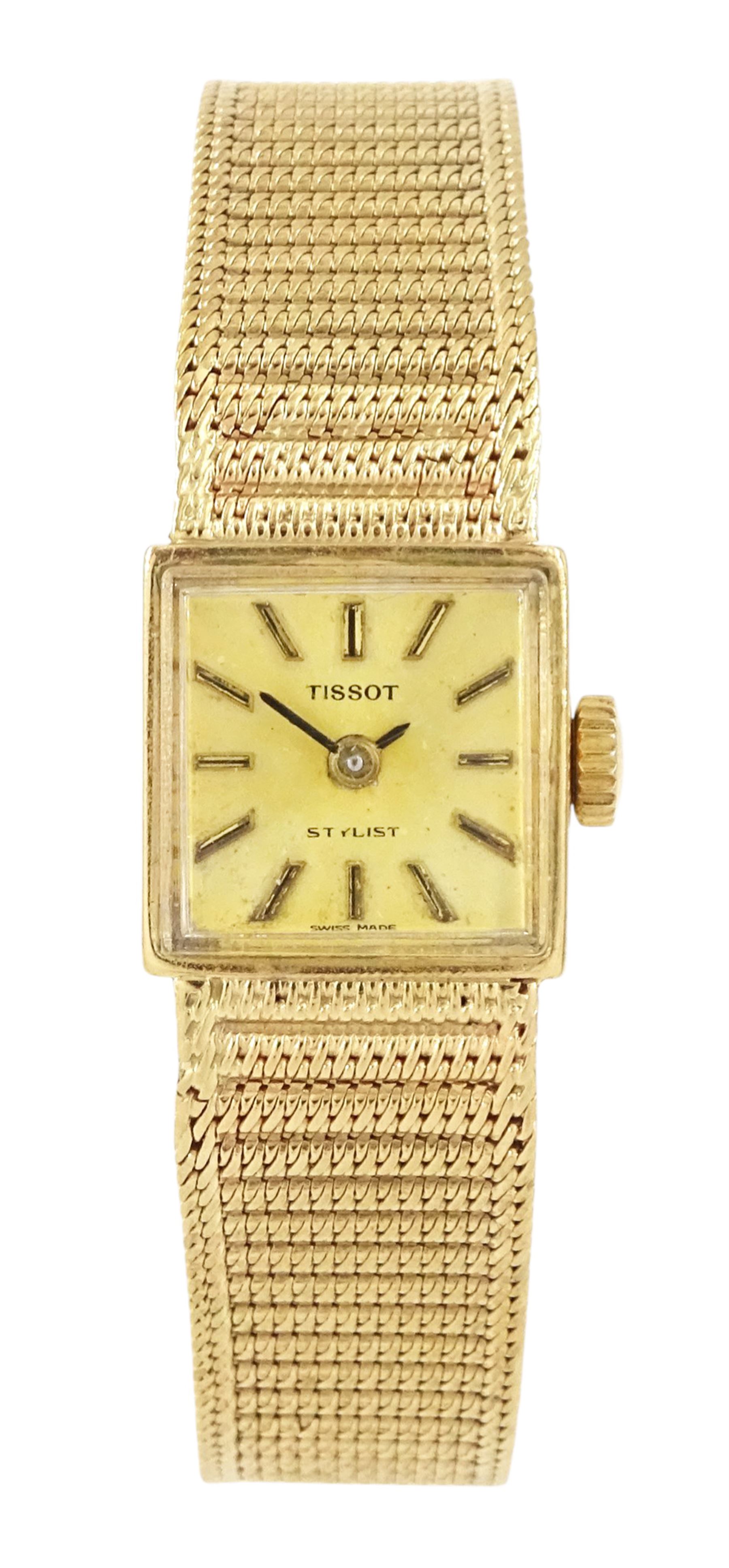Tissot Stylist ladies 9ct gold manual wind wristwatch, champagne dial with baton hour markers, on integral 9ct gold bracelet, London 1969