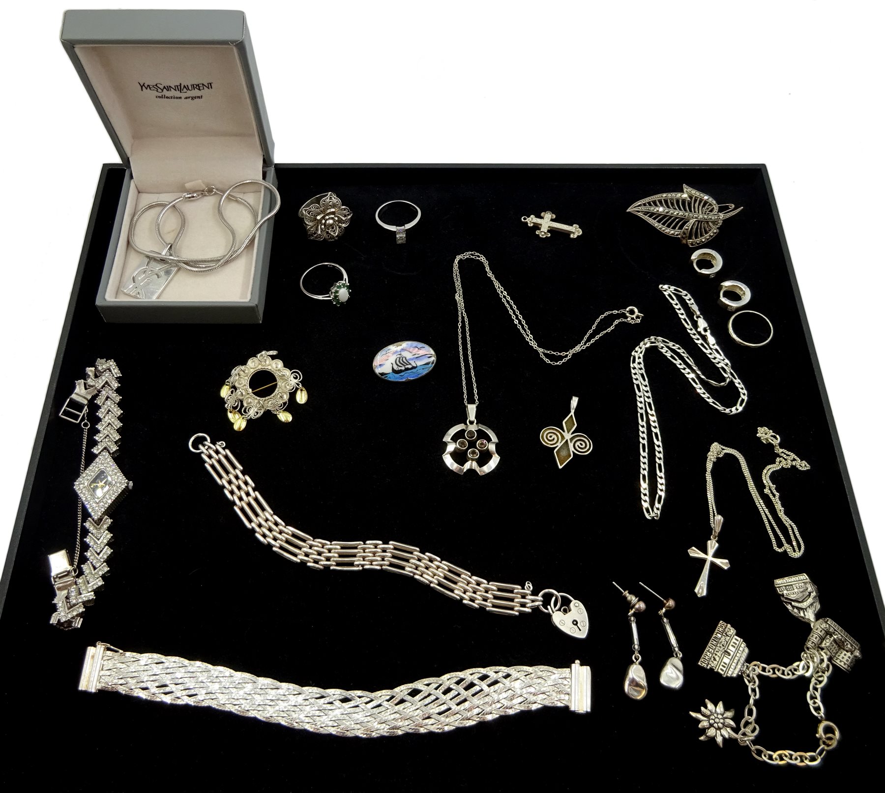 Norwegian silver and enamel Viking ship brooch by Ivar T Holth, Finish silver stone set pendant by Kultaseppa Salovaara, silver Yves Saint Laurent pendant necklace, silver and silver stone set rings, bracelets, brooches and other jewellery