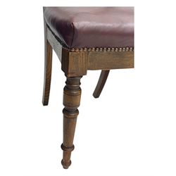 Late 19th century elm hall chair, curved backrest with leather upholstered seat, on turned supports (H81cm, W51cm), early 20th century mahogany commode, hinged lid opening to ceramic liner (H44cm, W47cm, D44cm), late Victorian upholstered nursing chair in green patterned fabric (H79cm, W49cm)
