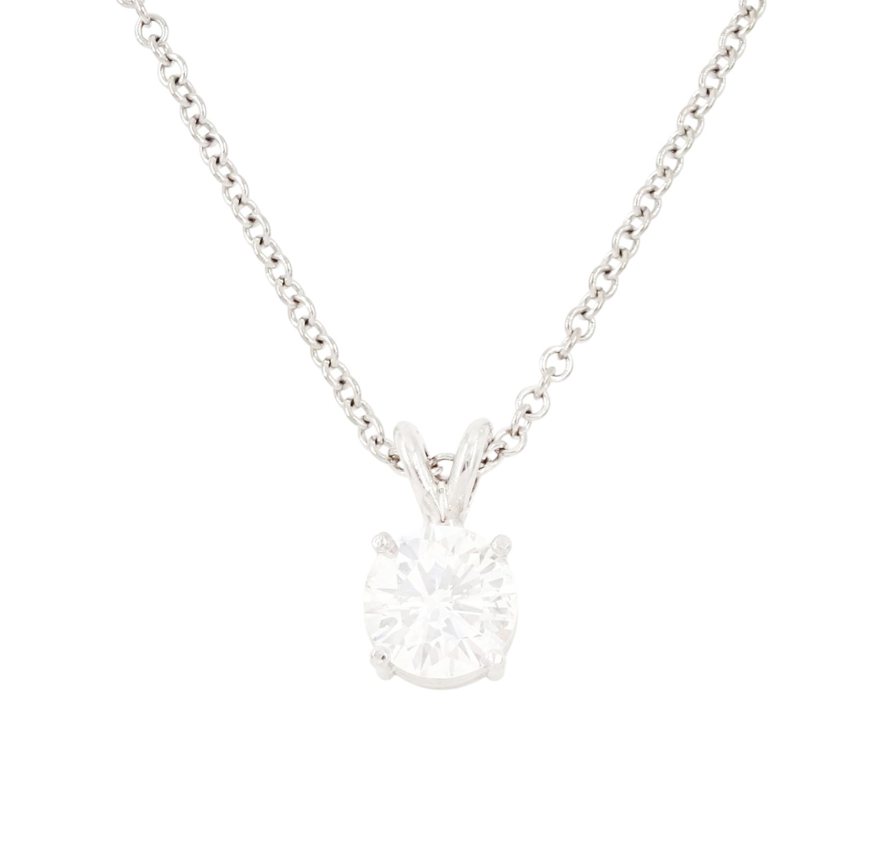 18ct white gold diamond pendant necklace, set with a single round brilliant cut diamond of approx 1.35 carat, on a fine belcher link chain necklace