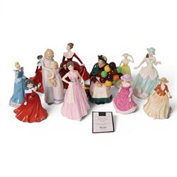 Collection of Royal Doulton figures including Autumn Stroll, April, Cinderella, The old Ba...