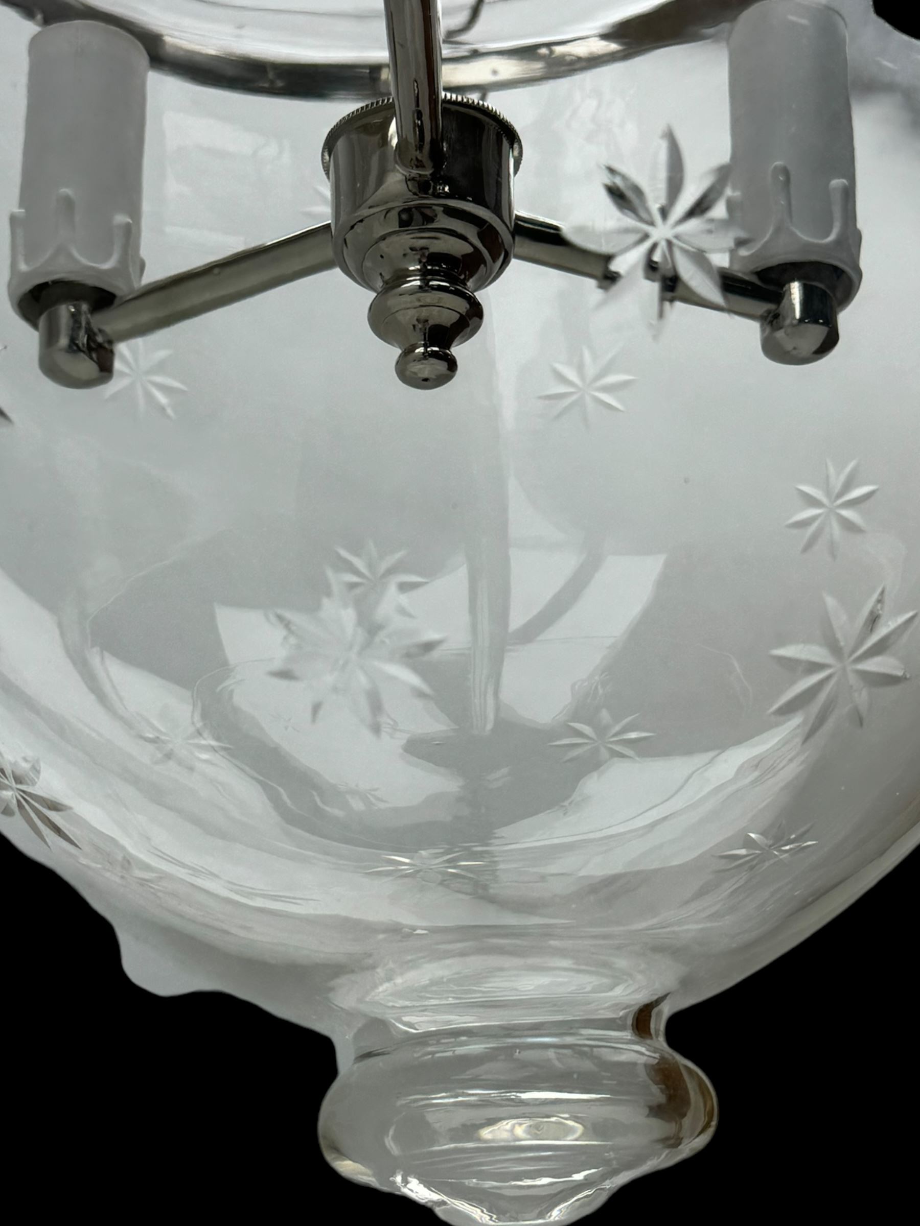 India Jane Interiors - pair of hallway glass bell jar ceiling lanterns, fitted with three branches, decorated with bevelled star motifs - ex-display/bankruptcy stock 