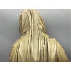 Two religious painted plaster figures of Mary and Joseph kneeling on oval plinths, with impressed mark 'Raffl et Cie Paris', H60cm 