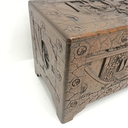  Eastern carved camphor wood blanket box depicting harbour scene, W95cm, H49cm, D46cm  