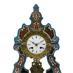 Breguet A Paris - Mid-19th century 8-day French portico clock, ebonised case with brass and cloisonne inlay, on a rectangular plinth with a shaped base, white enamel dial with blue Roman numerals, minute track and steel trefoil hands, cast brass bezel with scroll and foliate decoration and a conforming gridiron pendulum, twin train going barrel movement with a countwheel strike sounding the hours and half-hours on a bell, with an ebonised base and glass dome. 