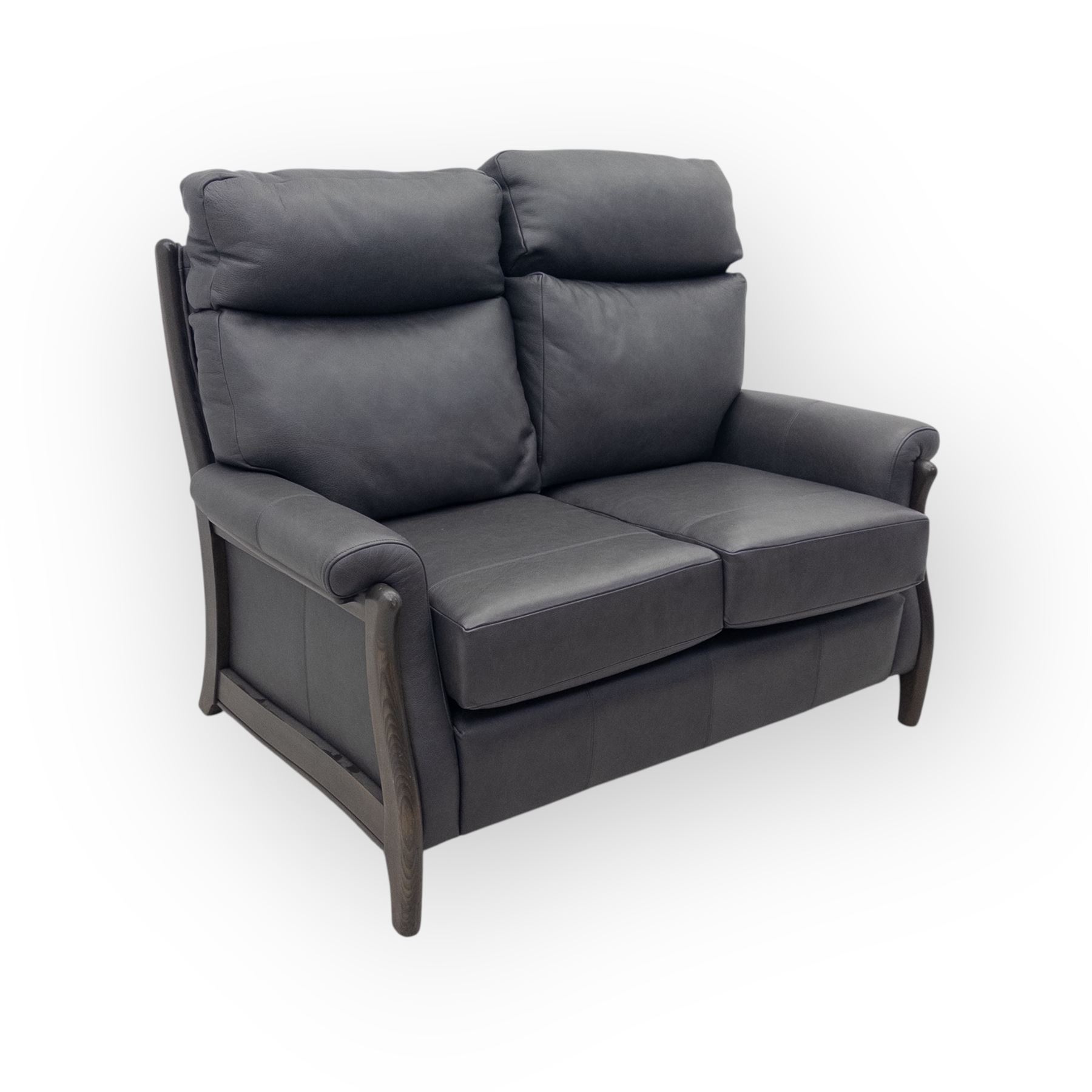 Rogers of York - two seat sofa, upholstered in grey leather with padded back and seat cushions, raised on stained beech supports