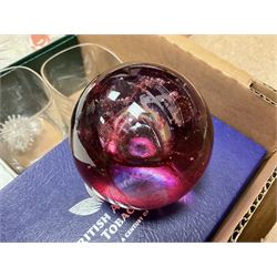 Caithness 'Fireball' paperweight, together with four cased Tyrone Crystal glasses, glass oil lamp, three glass decanters etc, in two boxes