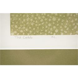John Brunsdon ARCA (British 1933-2014): 'The Cobb' - Lyme Regis, coloured etching signed and titled in pencil 11cm x 29cm