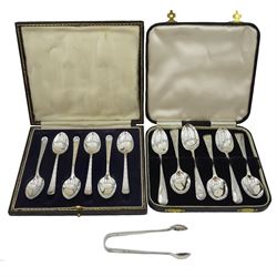 Set of six Victorian teaspoons and matching sugar tongs, bright cut decoration by Josiah Williams & Co, London 1898 and a set of coffee spoons by Atkin Brothers, Sheffield 1945, both cased, approx 6.5oz