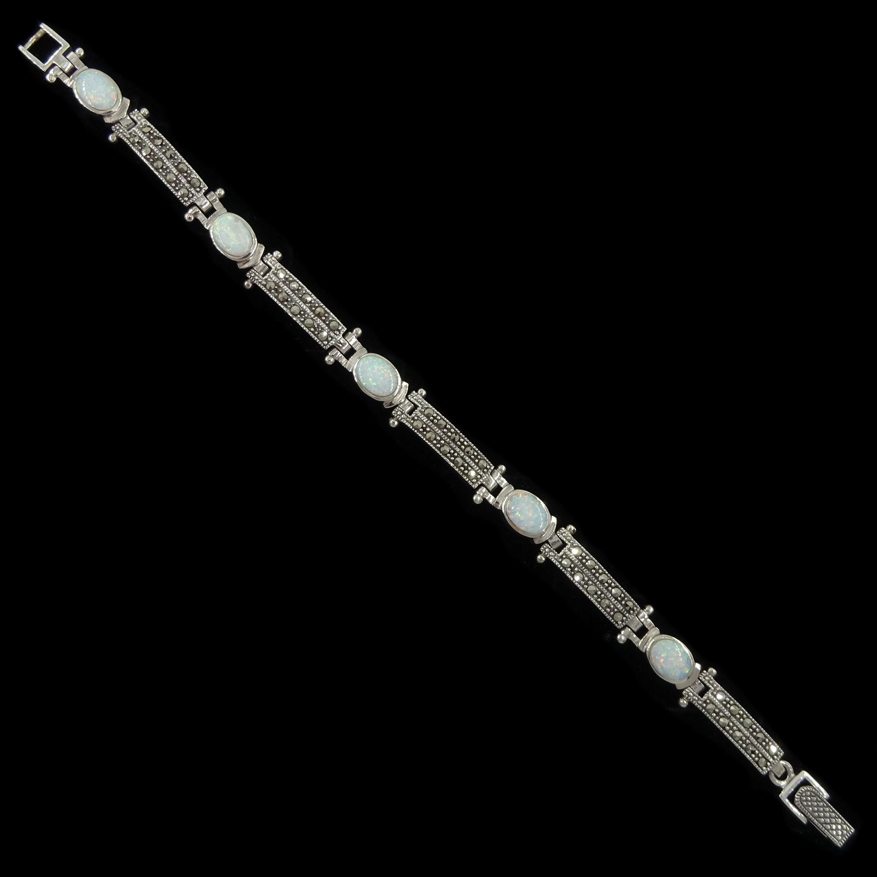 Silver opal and marcasite link bracelet, stamped 925