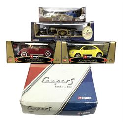 Two Bburago 1:18 scale die-cast models - Volkswagen New Beetle 1998 and Volkswagen Kafer-Beetle 1955; Corgi CC99109 Cooper 'S' three-piece set on dashboard stand; Saico 1956 Morris Minor 1000 limited edition twin-pack; and Corgi limited edition 59564 Guinness Scania Tanker and Drop-side lorry set; all boxed (5)