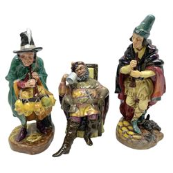 Three Royal Doulton figures, comprising The Pied Piper HN2102, The Mask Seller HN2103 and The Foaming Quart HN2162, all with printed marks beneath