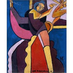 Circle of Natalia Goncharova (Russian 1881-1962): 'Un Danseur', oil on panel with initials N.g. and Cyrillic monogram 31cm x 25cm