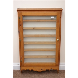  Solid pine wall hanging display cabinet, projecting cornice, single glazed door, shaped apron, W65cm, H105cm, D11cm  