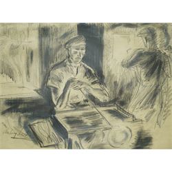 Antony Lake (British 1905-1956): 'The Glass Blower', charcoal and watercolour signed 24cm x 33cm
