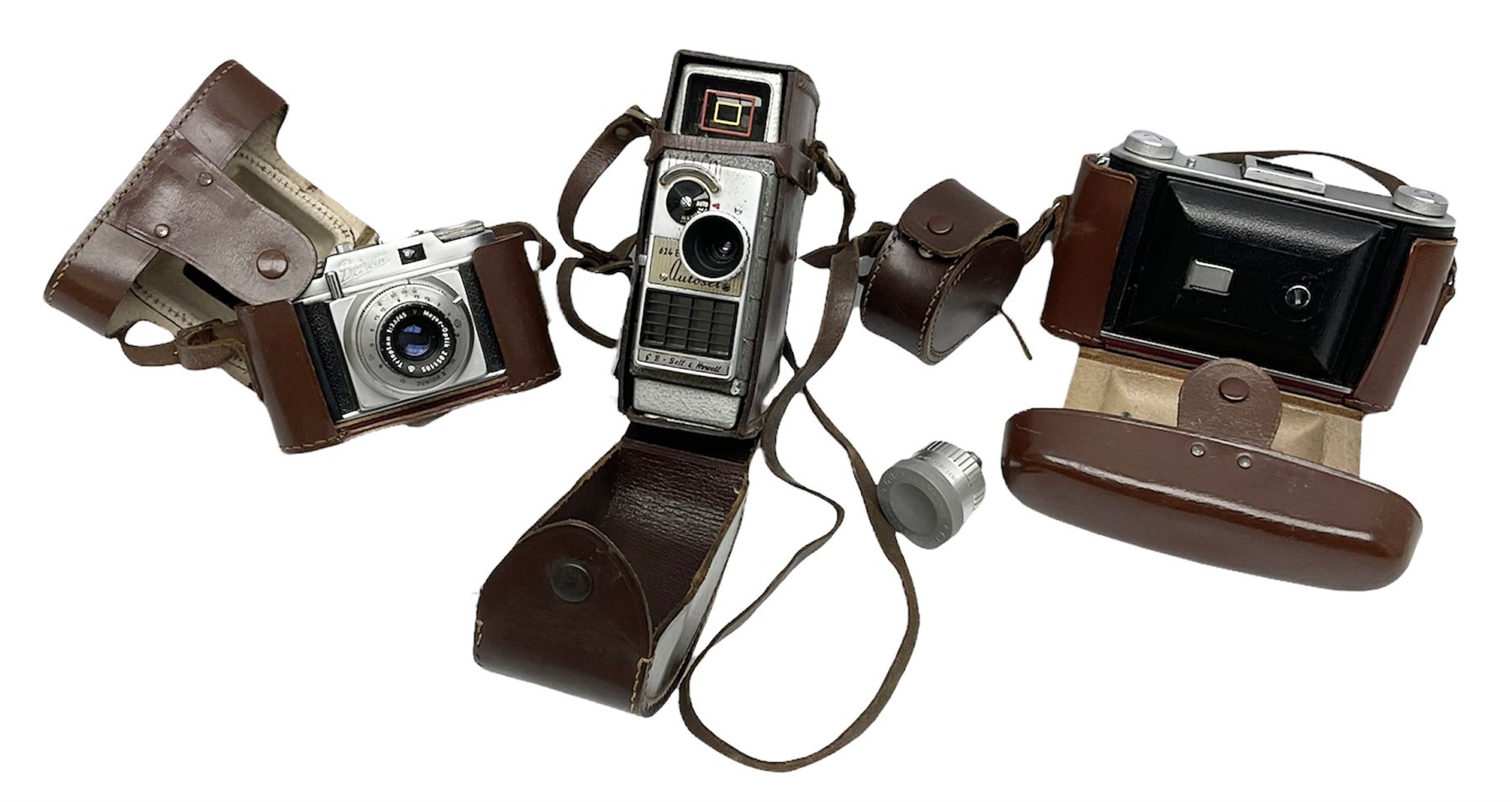 Ensign Ranger II folding roll film camera, Beirette Junior II camera and Bell & Howell 624 EE Autoset hand-wind cine camera, all in cases