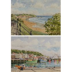 Les Pearson (British 1923-2010): 'The Harbour Scarborough' and 'Scarborough' from the Esplanade, pair watercolours and ink signed titled and dated '96, one with artist's Bridlington address label verso 15cm x 20cm (2)