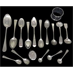 Group of Georgian and later silver spoons, to include modern table spoon with rat tail bowl, hallmarked Mappin & Webb Ltd, Sheffield 1997, pair of George III Scottish provincial Old English pattern teaspoons, William IV Fiddle pattern teaspoon, hallmarked William Woodman, Exeter 1830, other various teaspoons, salt and cruet spoons, various hallmarks, dates ranging 1867 to 1946, together with an Edwardian silver pierced napkin ring, and a Victorian silver locket, approximate total weight 7.13 ozt (222 grams)