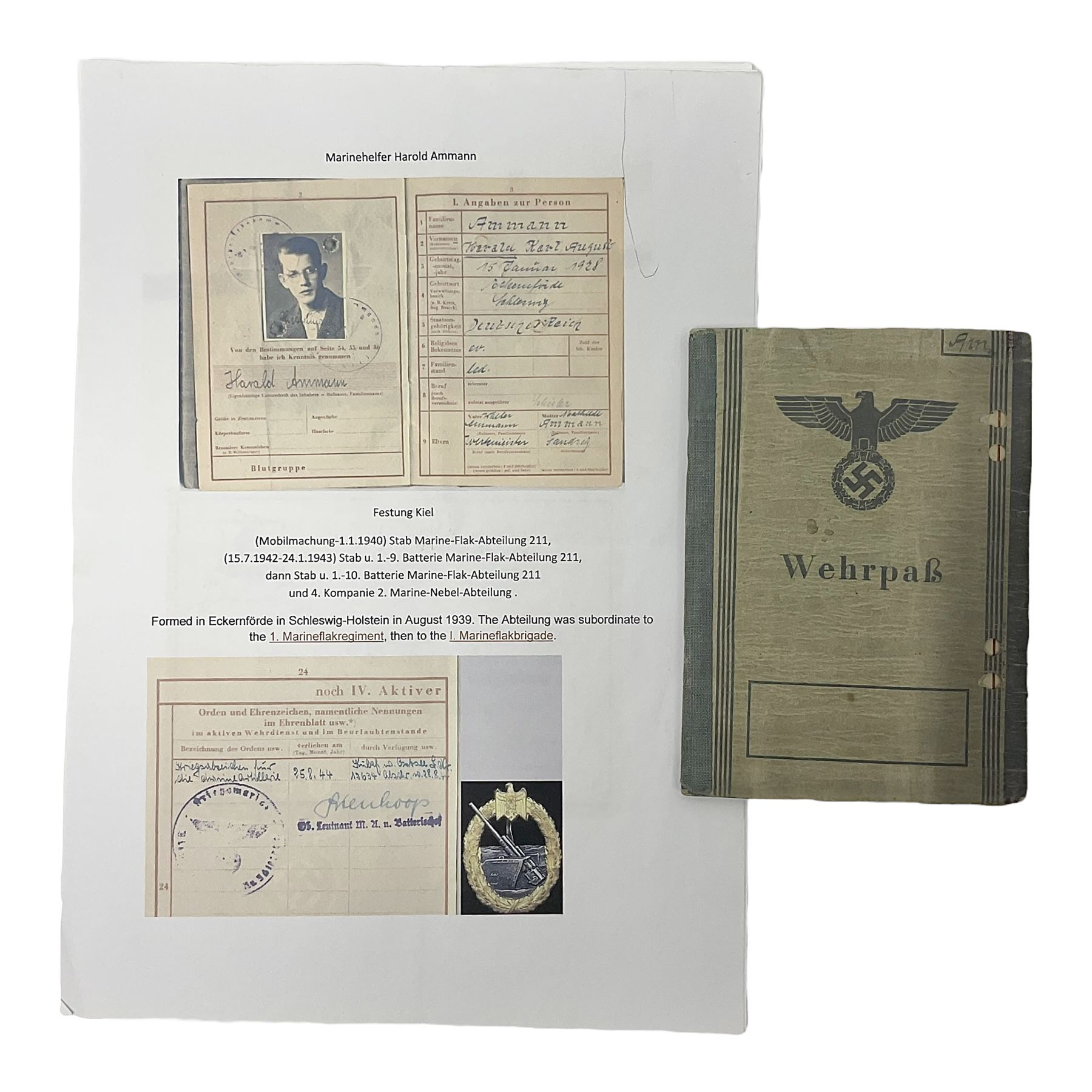 WW2 German Coastal Artillery Wehrpass for Marinehelfer Harald Ammann with small archive of modern research information.