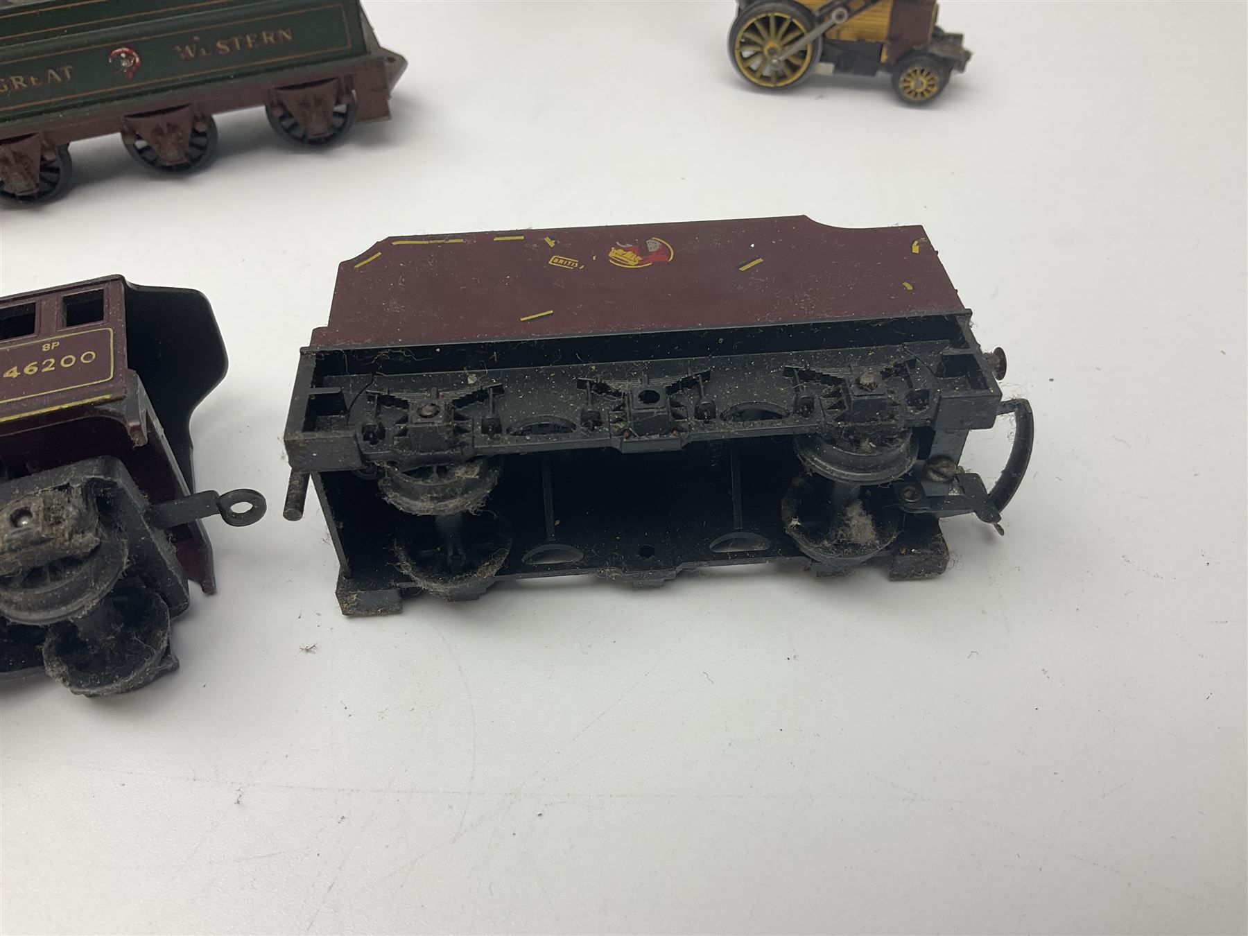 Hornby/Tri-ang '00' gauge - six locomotives - Class 9F 2-10-0 'Evening Star' No.92220; Class A3 4-6-2 (no name or number); Dean Single 4-2-2 'Lord of the Isles' No.3046; Princess Class 4-6-2 'The Princess Royal' No.46200; Class 57XX Pannier 0-6-0 tank No.8751; and Stephenson's Rocket with one passenger coach; all unboxed (6)