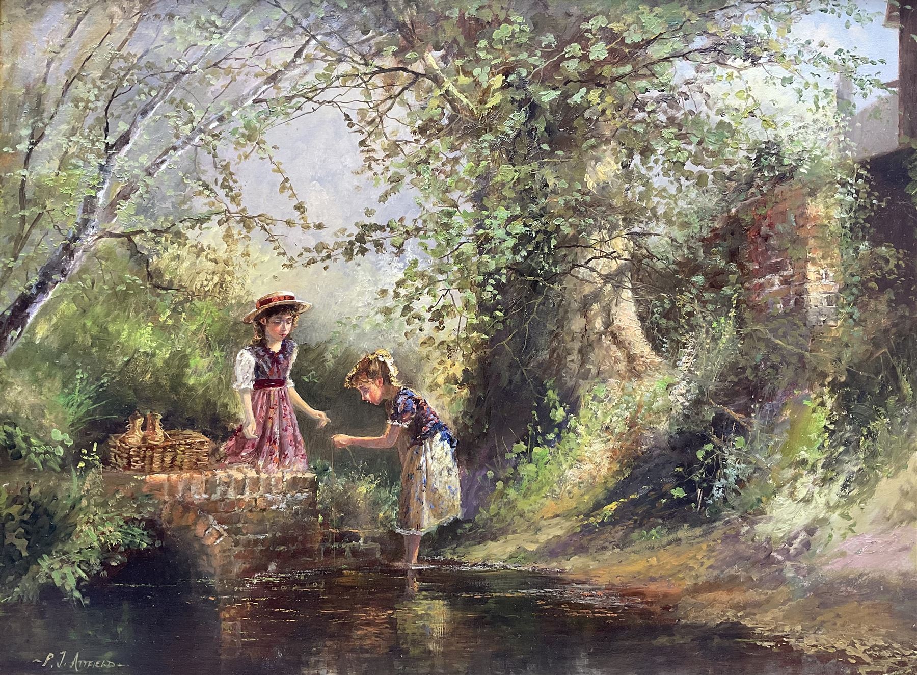 Paul J Attfield (British 1950-): Girls Fishing in a Woodland Stream, oil on canvas signed 44.5cm x 60cm 