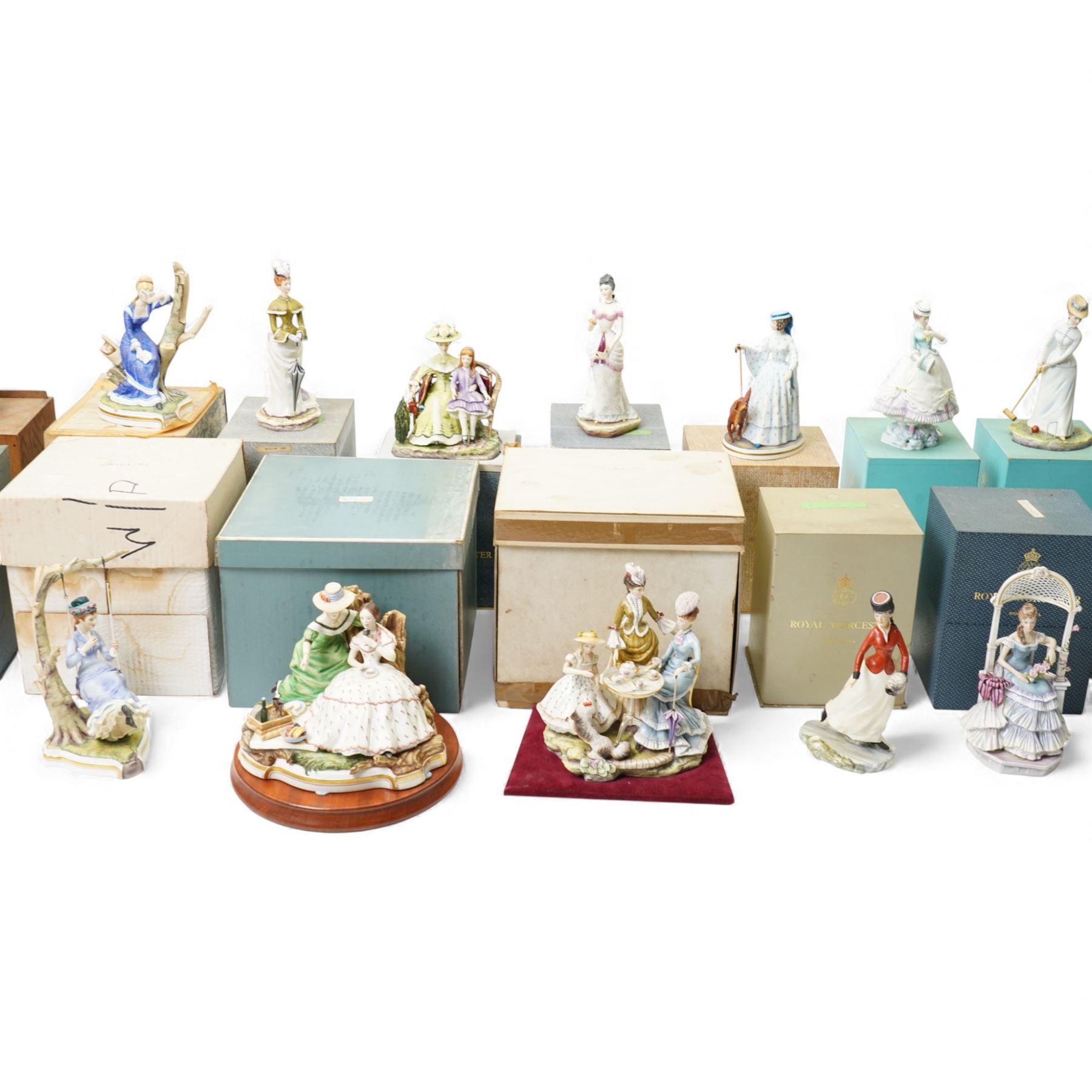 Collection of twenty Royal Worcester 'Victorian Series' figures modelled by Ronald and Ruth Esther Van Ruyckevelt including Tea Party, Picnic, Charlotte and Jane, Alice and others, mostly boxed and with certificates (20)
