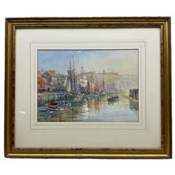 Charles John de Lacy (British 1856-1929): Sailing Vessels Moored at Dock End Whitby, watercolour signed 25.5cm x 36cm