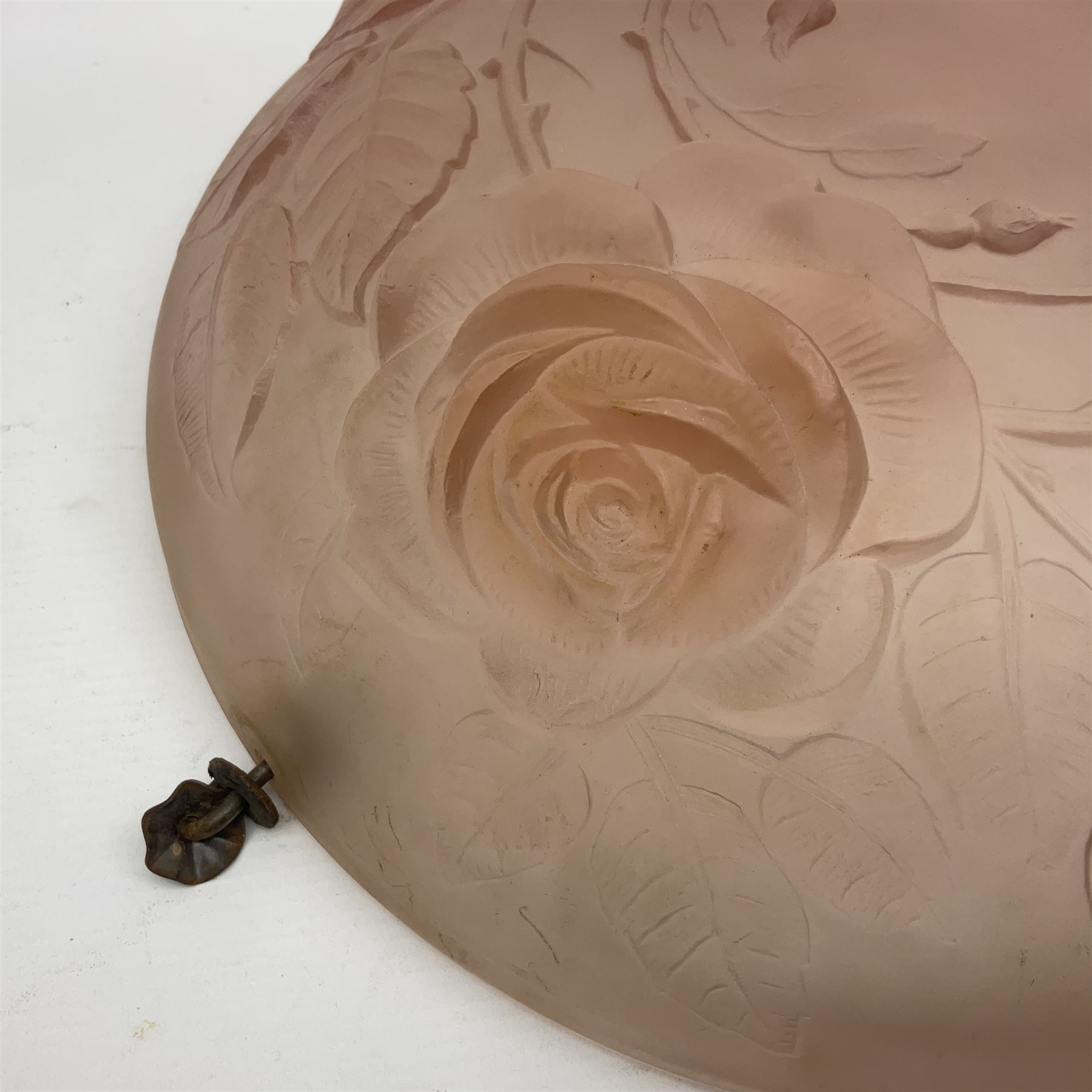 1930s pink frosted glass ceiling light shade, decorated with roses, D
