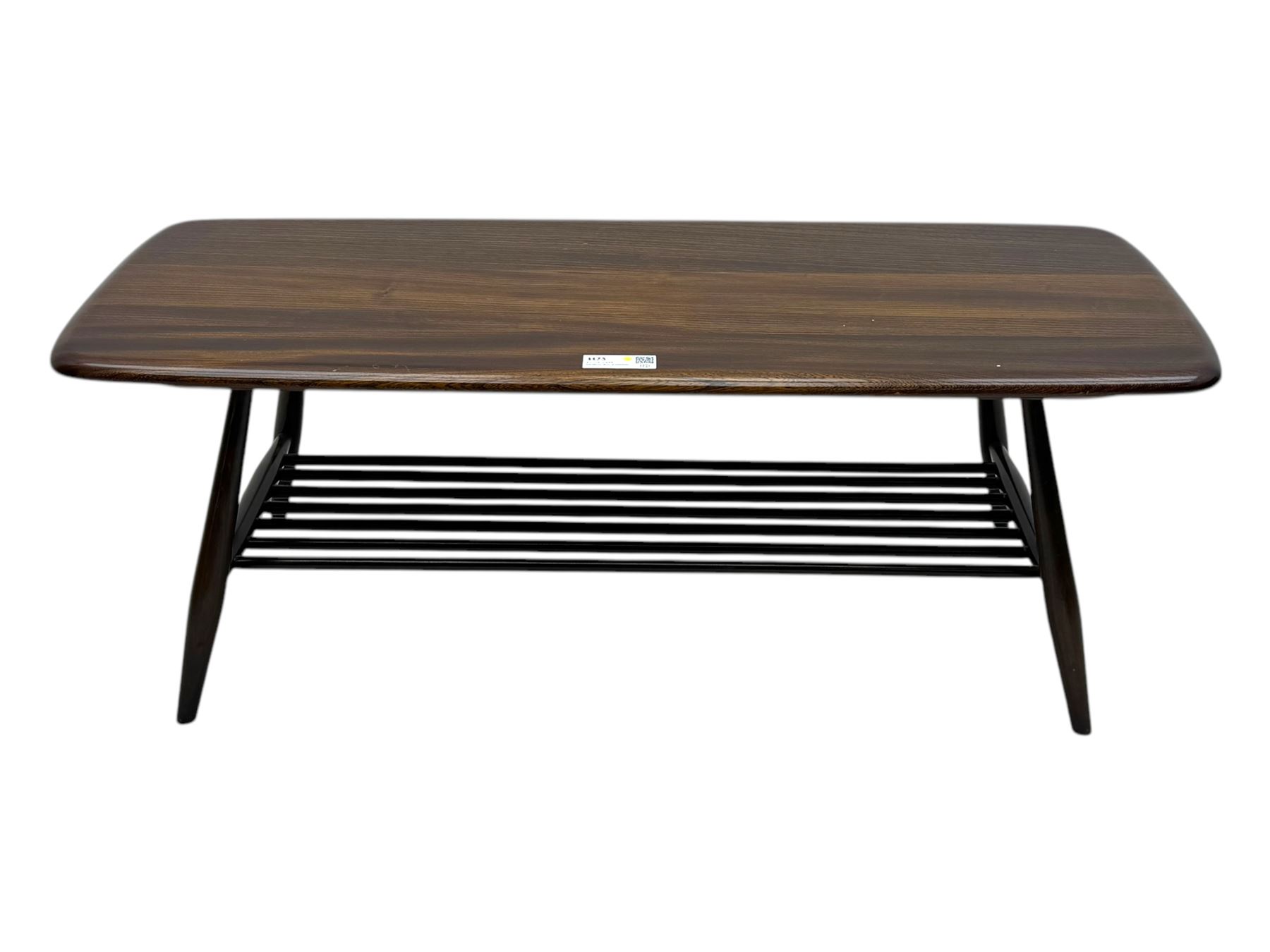Lucian Ercolani for Ercol - mid-20th century elm 'Windsor' coffee table, rectangular top with rounded corners and chamfered edge, over an integral slatted undertier, on splayed tapering supports